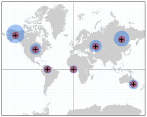 World map with planar and geodesic buffers around selected cities