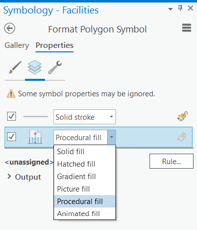 Stroke and fill settings on the Properties tab of the Format Polygon Symbol pane Stroke and fill settings on the Properties tab of the Format Polygon Symbol pane